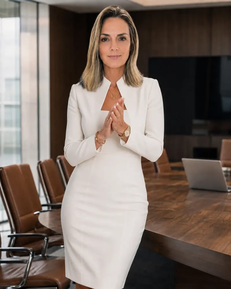 Andréa Augusto de Oliveira em vestido off-white, com as mãos unidas, em ambiente de trabalho com mesa de madeira